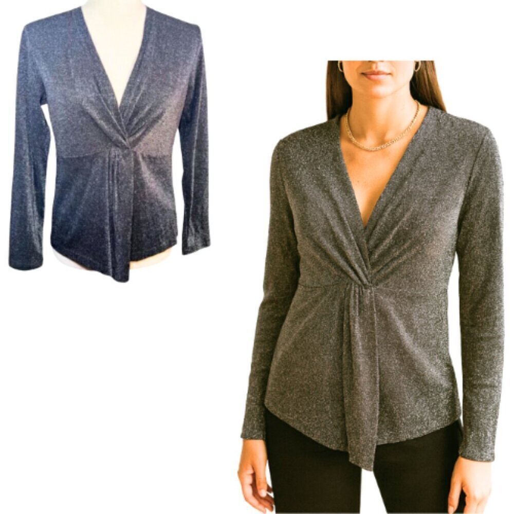 HEARTLOOM Dark Grey Sonora Shimmer Glitter Twist Front Long Sleeve Top Size M
